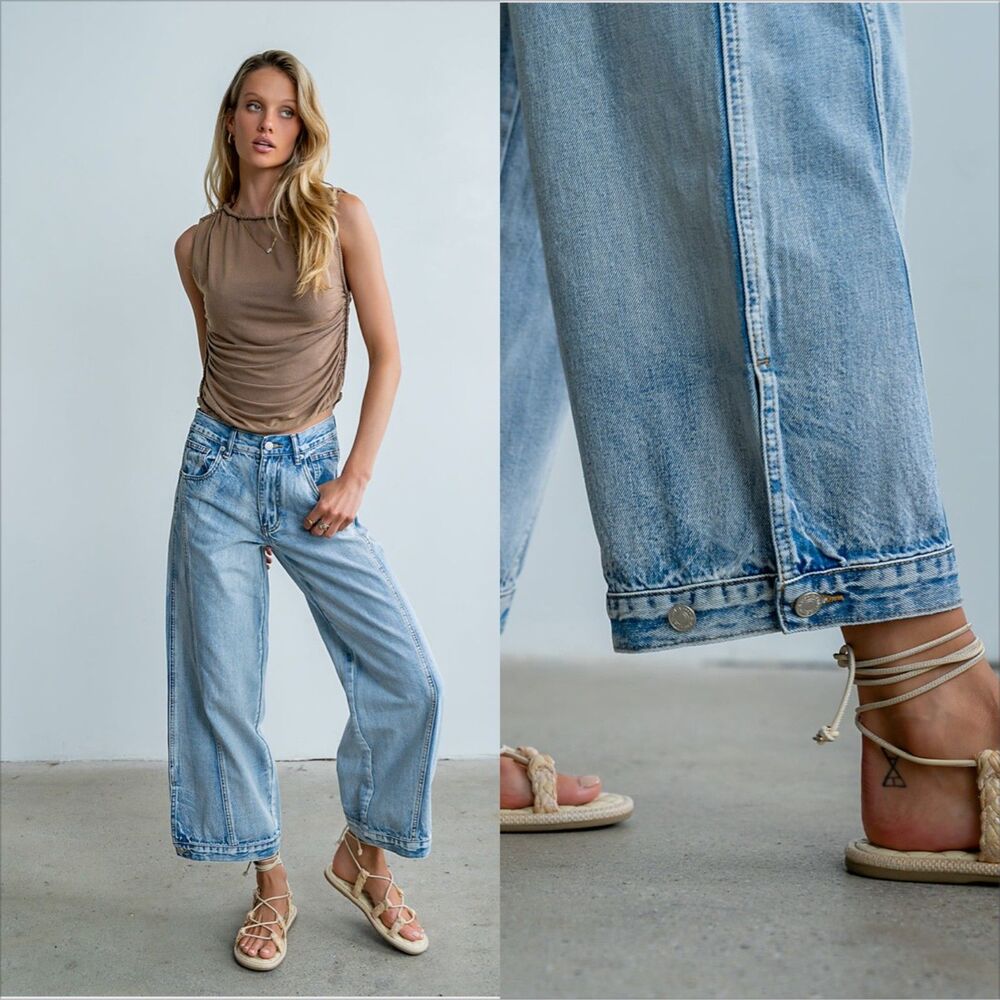 Bohme Kadie High Rise Baggy Jeans Light Wash Size Small NWT Button Cuff Rigid - Picture 2 of 11